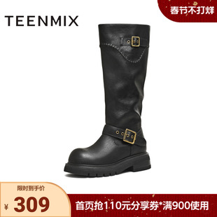 天美意2025冬新款商场同款高直筒显瘦百搭厚底女骑士靴BM351DG5