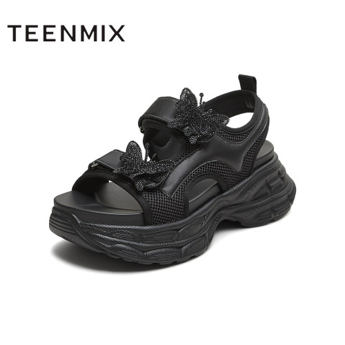 天美意夏季新款厚底运动休闲魔术贴百搭女老爹凉鞋KD115BL5