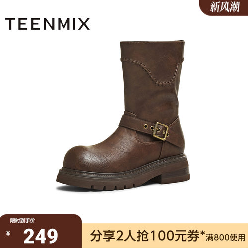 天美意冬新款商场同款圆头粗跟复古长靴女骑士靴BM352DZ5