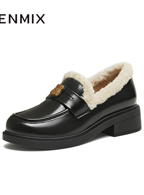 天美意2025冬新款厚底保暖英伦复古小皮鞋乐福鞋女皮鞋CNG35DM5