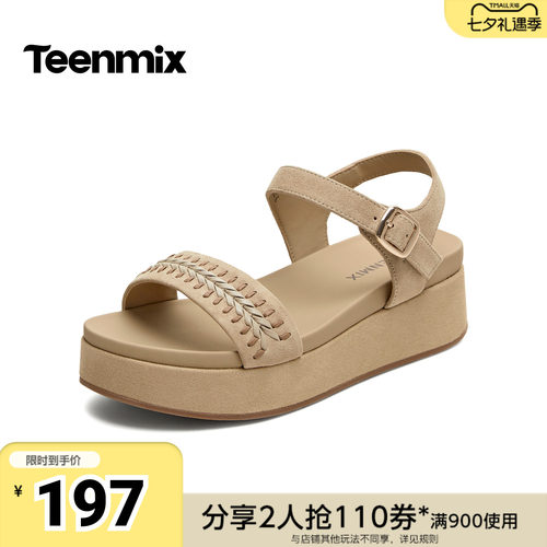 天美意2026夏新款商场同款坡跟百搭休闲女一字带凉鞋CFX03BL6