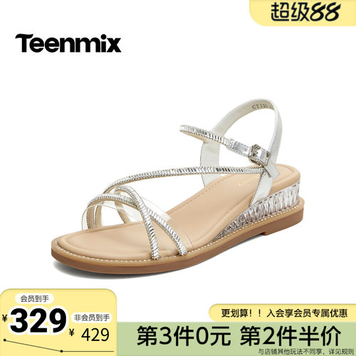 天美意2026夏新款商场同款坡跟条带百搭休闲女时装凉鞋CTI23BL6