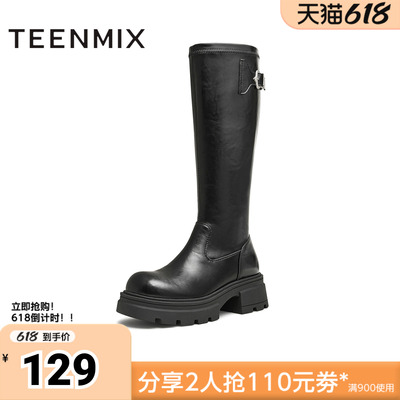 天美意冬新款百搭增高长筒靴显瘦弹力高靴女骑士靴KTX15DG4