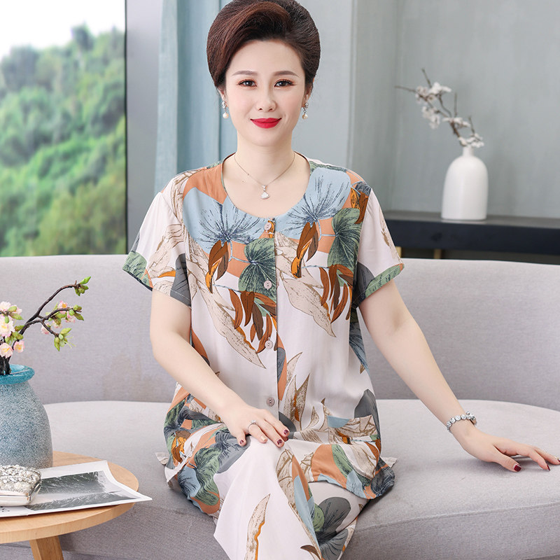 老年人妈妈e棉绸套装女夏季人造棉老人奶奶开衫家居服睡衣夏天薄