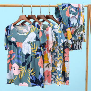 绵绸两件套装 冰丝家居服可外穿老年人大码 短袖 妈妈棉绸睡衣女夏款