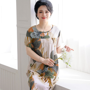 中老年棉绸睡裙女夏天妈妈人造棉家居服短袖宽松纯绵绸连衣裙薄款