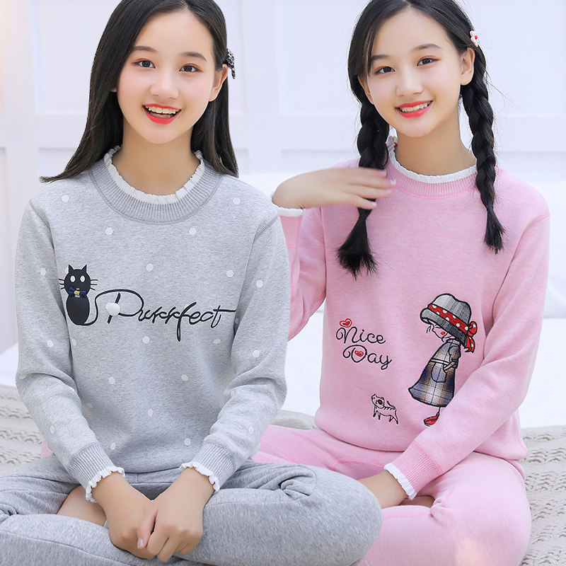 学生保暖内衣女加厚加绒女孩青少年初高中生秋衣秋裤纯棉套装冬季