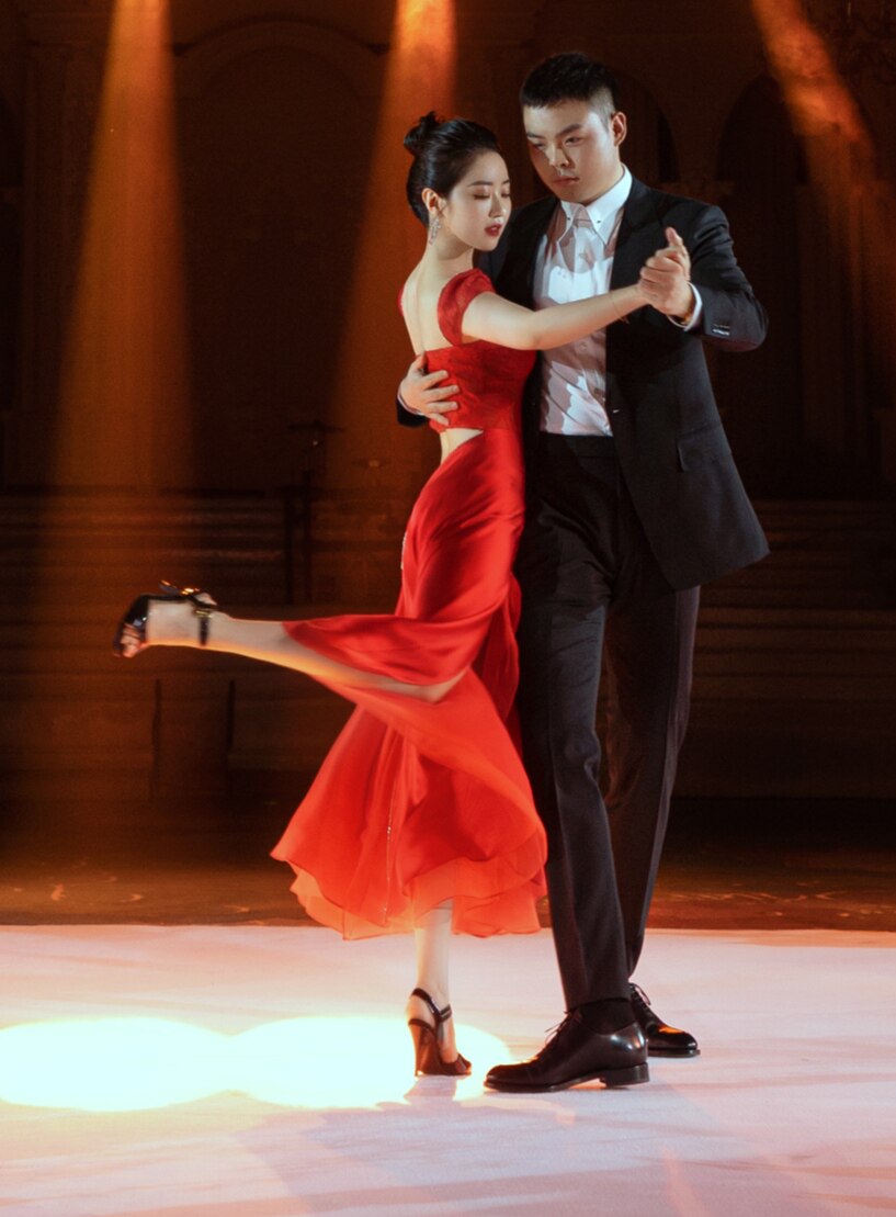婚礼舞蹈礼服定制阿根廷探戈红色飘逸连衣裙