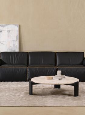classicreborn经典黑色豆腐块沙发苯胺牛皮中古风客厅现代极简