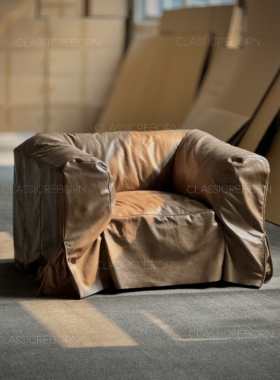 美式北欧复古中古现代油蜡真皮单人懒人沙发诧寂风裙摆牛皮沙发