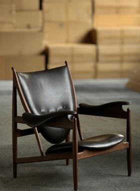 ClassicReborn复古风胡桃实木中古风真皮客厅单人休闲沙发酋长椅