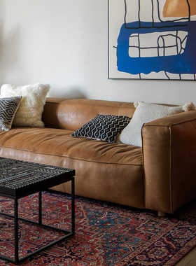 北欧头层牛皮复古中古真皮沙发4人可拆装客厅沙发T