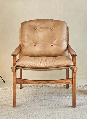 Classic Reborn北欧中古实木单人休闲头层牛皮水曲柳实木单人椅