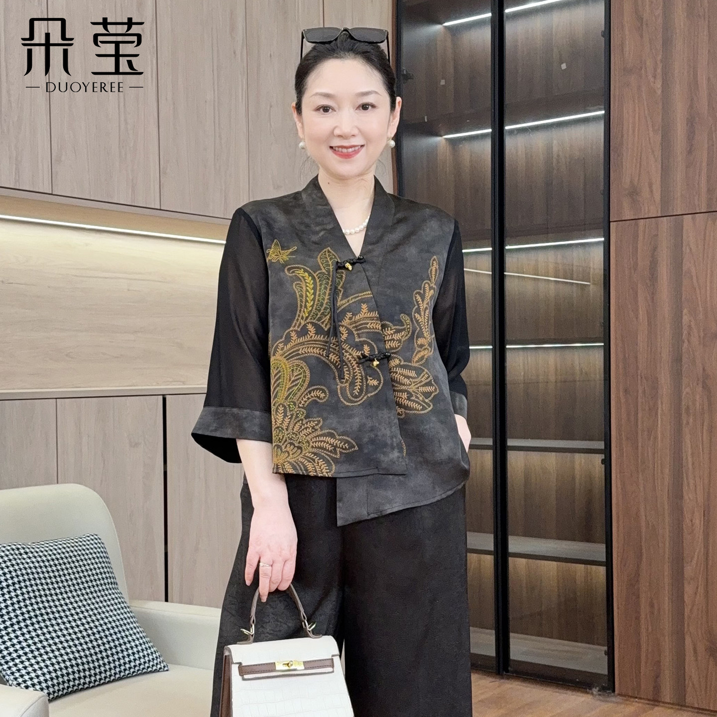 朵莹妈妈夏装国风衬衫套装2026新款中年女装中老年七分袖小衫裤子