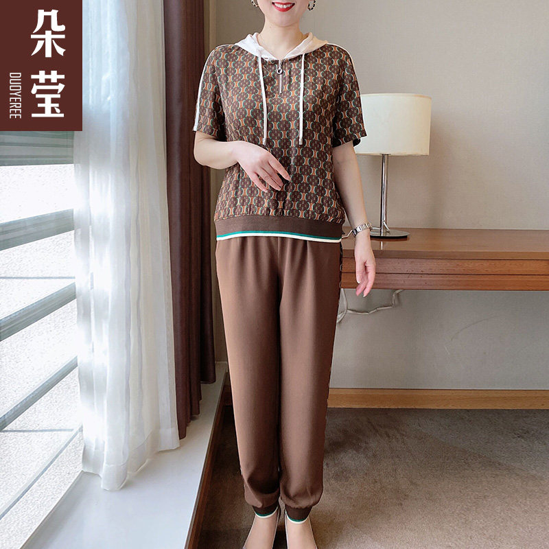 【特价清仓】妈妈夏装休闲运动套装中年女洋气连帽卫衣中老年上衣