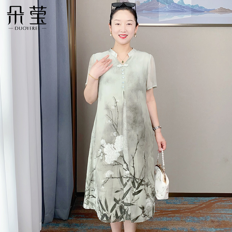 朵莹妈妈夏装国风雪纺连衣裙薄款2025新款中年女宽松中长款长裙子