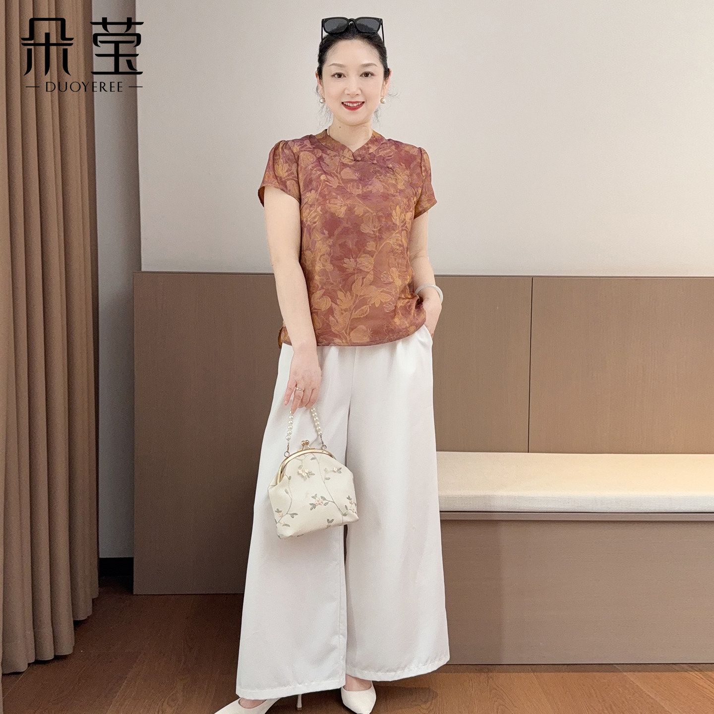 朵莹新款妈妈夏装国风套装中年女装中老年洋气小衫上衣母亲节礼物