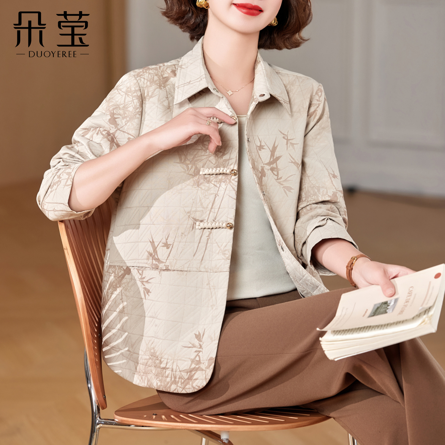 妈妈秋装国风印花外套新中式上衣