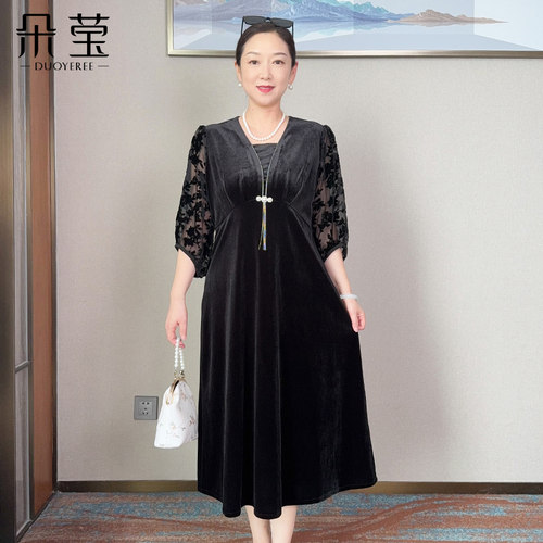 朵莹妈妈装洋气纱袖连衣裙中老年