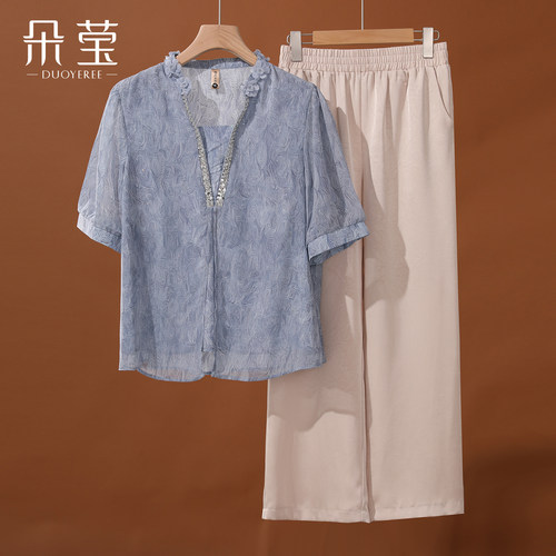 朵莹妈妈夏装雪纺上衣套装新款