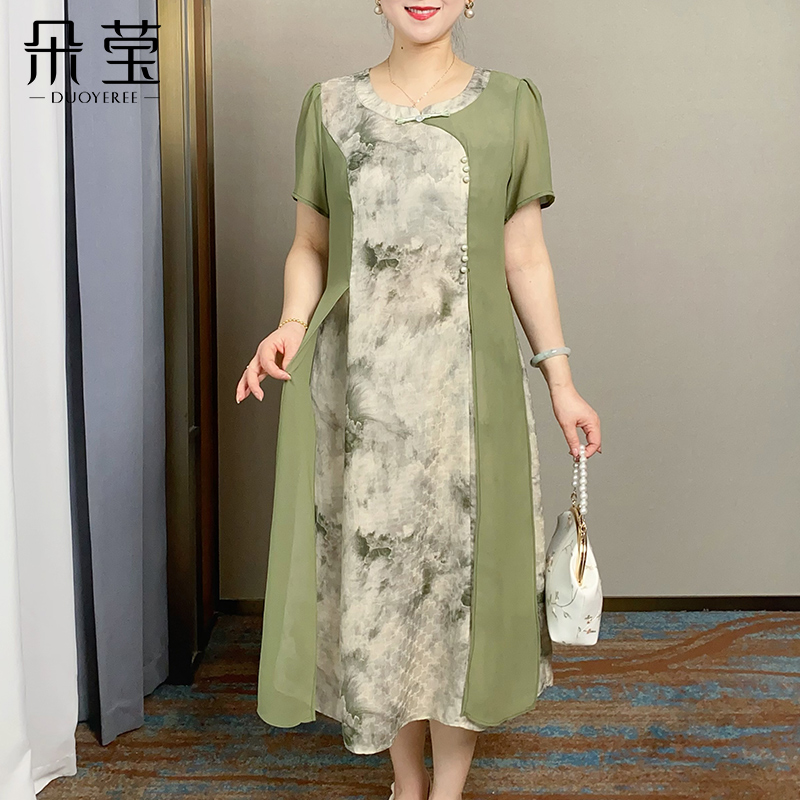 妈妈夏装洋气短袖连衣裙中长款