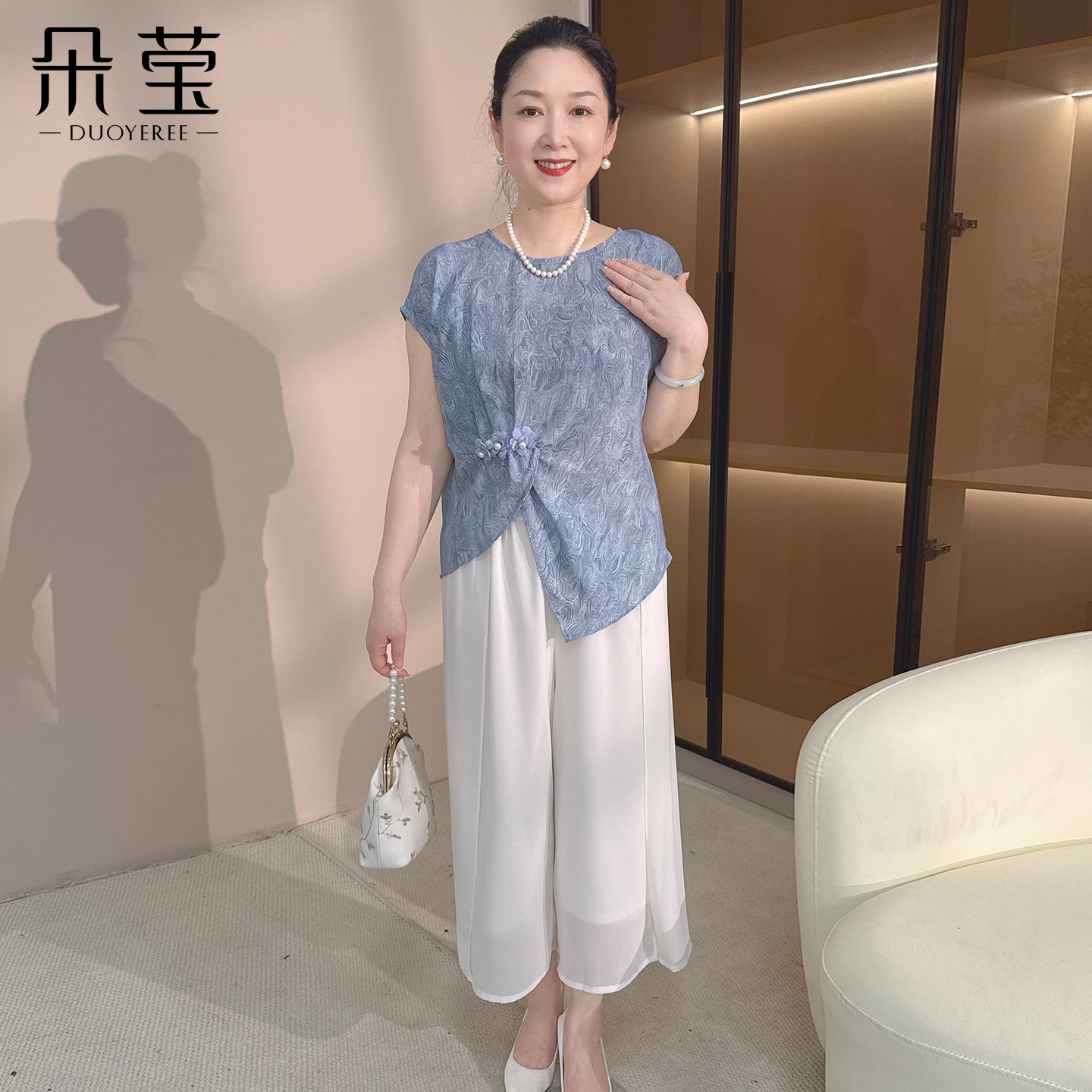 朵莹妈妈夏装洋气雪纺套装2026新款中年女装中老年短袖上衣两件套