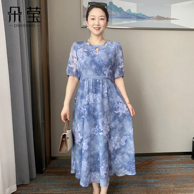 中老年妈妈夏装洋气短袖连衣裙