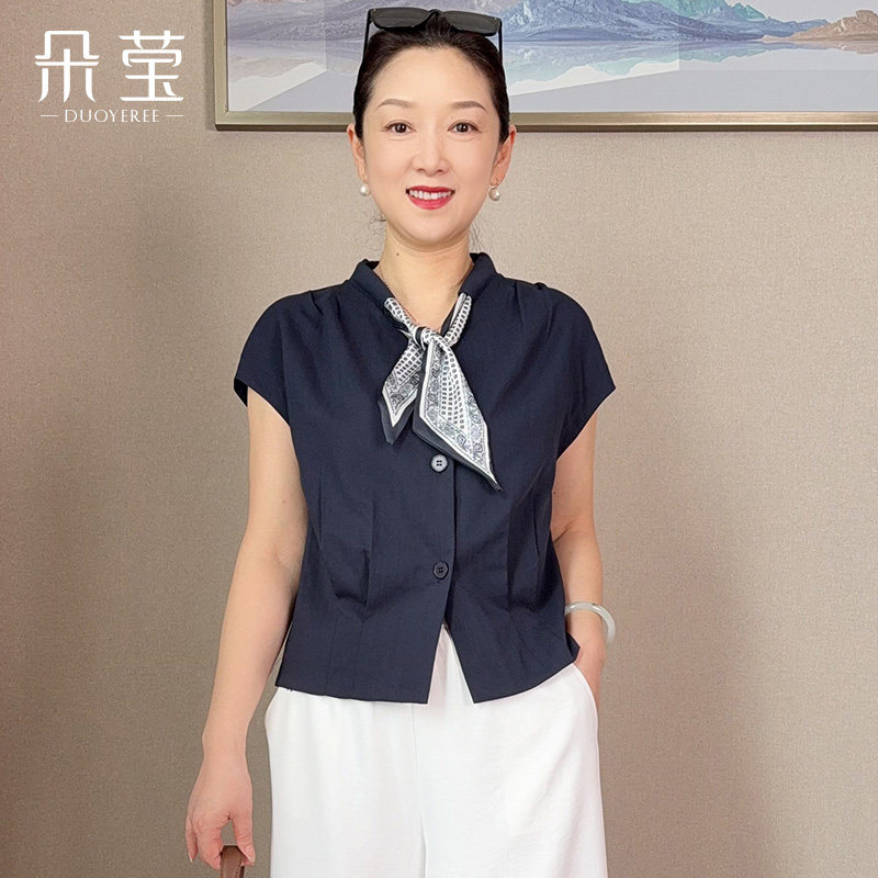 朵莹妈妈夏装短袖衬衫小个子时尚丝巾领短款小衫中老年女休闲套装