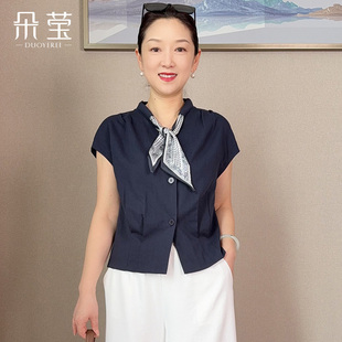 小个子时尚 衬衫 丝巾领短款 小衫 朵莹妈妈夏装 中老年女休闲套装 短袖