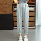 薄款 加肥加大春夏休闲运动抽绳松紧腰哈伦裤 胖mm宽松束脚九分裤 女