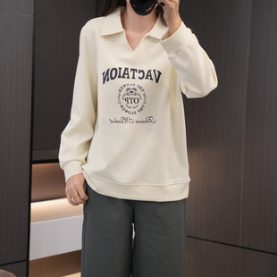 120 卫衣 200斤胖妹妹简约百搭显瘦翻领上衣 时髦字母印花大码 秋季