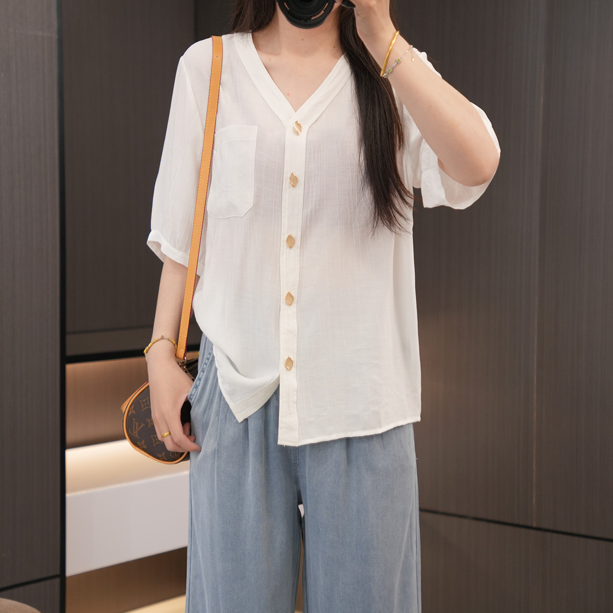 夏季必入薄款V领五分袖衬衣开衫