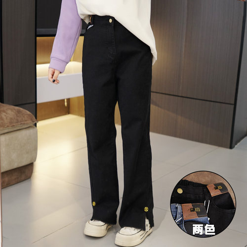 加大码时髦开叉磨毛直筒牛仔裤女