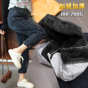 子 高品质200斤秋冬后松紧显瘦弹力直筒裤 加绒加厚韩版 牛仔老爹裤