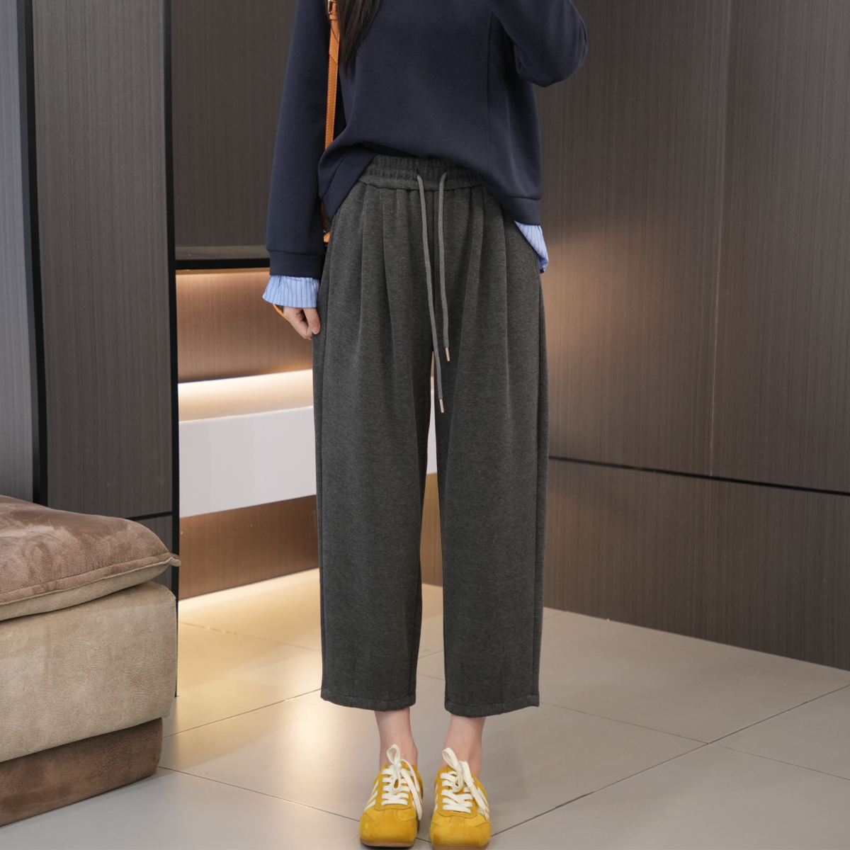 秋季必入高腰抽绳大码休闲哈伦裤