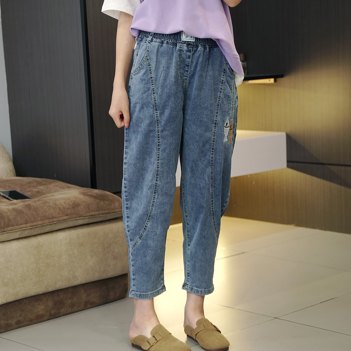 牛仔薄款女士松紧腰刺绣哈伦裤