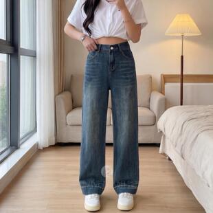 200斤胖妹妹高腰宽松显瘦烟管裤 小众半松紧腰直筒牛仔裤 大码 春季