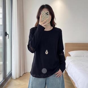 200斤胖mm通勤显瘦百搭长袖 春季 温柔风蕾丝拼接打底衫 大码 T恤 韩版