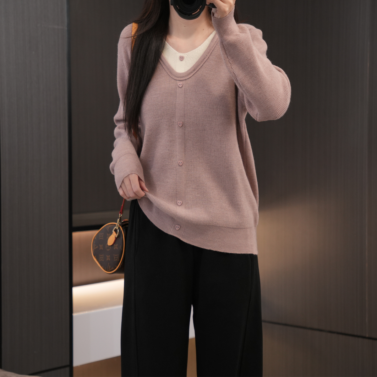 闭眼入韩系慵懒感V领假两件毛衣