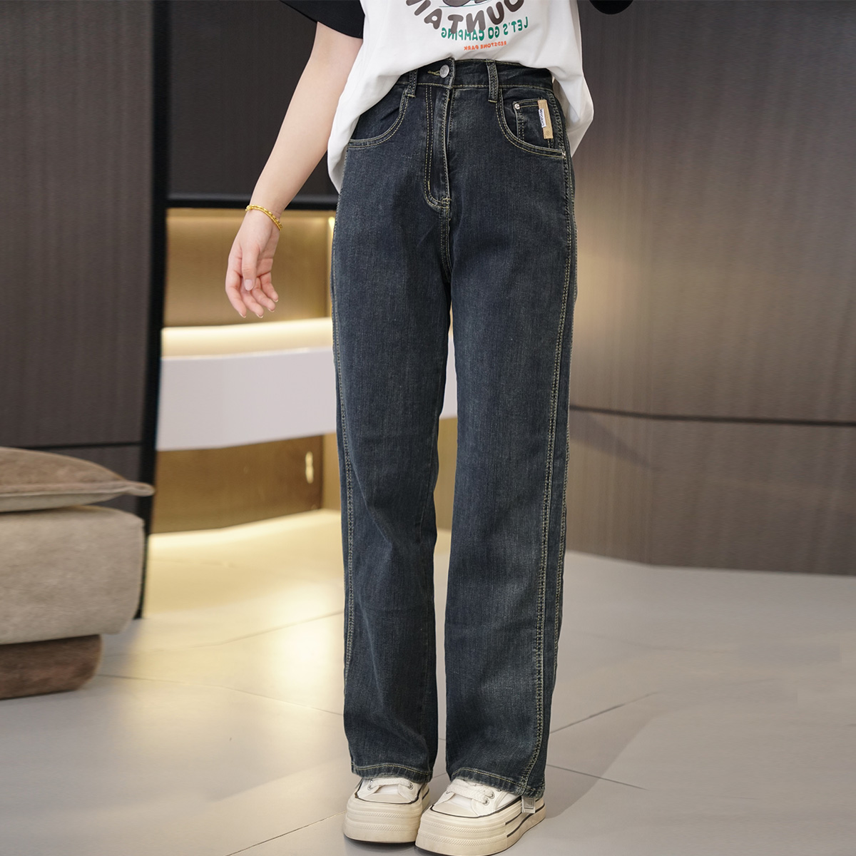 高腰直筒拖地裤侧面双砸线显瘦裤