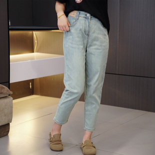 大码夏季薄款高腰金属R腰标九分牛仔裤200斤胖mm弹力百搭小哈伦裤