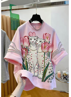 老虎图案烫钻钉珠短袖T恤女上衣