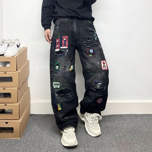 美式高街潮流贴布破洞个性设计牛仔裤宽松休闲时尚百搭痞帅直筒裤