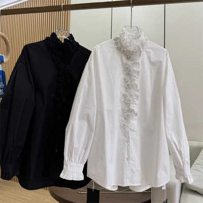 宽松单排扣长袖棉质钉珠花朵衬衫