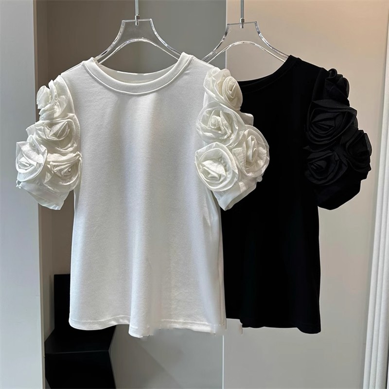 短袖复古常规立体花朵棉女装上衣