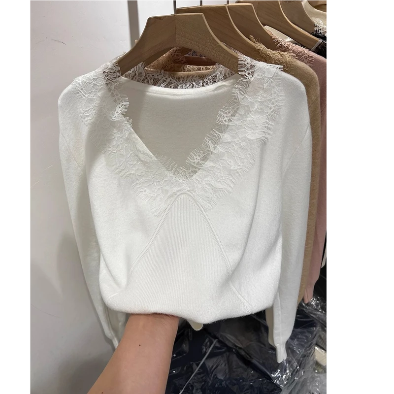 蕾丝拼接V领长袖针织衫女装上衣