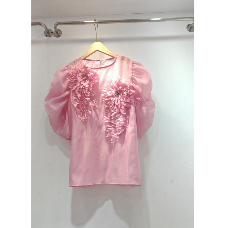 宽松法式套头短袖雪纺盘花衬衫