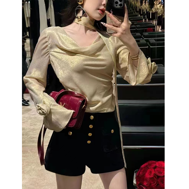 修身型设计感长袖缎面不规则衬衫