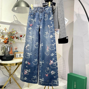 高腰宽松显瘦百搭直筒阔腿裤 重工刺绣提花设计休闲牛仔裤 女春新款