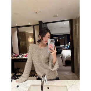 圆领亮丝细闪套头毛衣女慵懒风时尚高级感亮晶晶针织衫上衣
